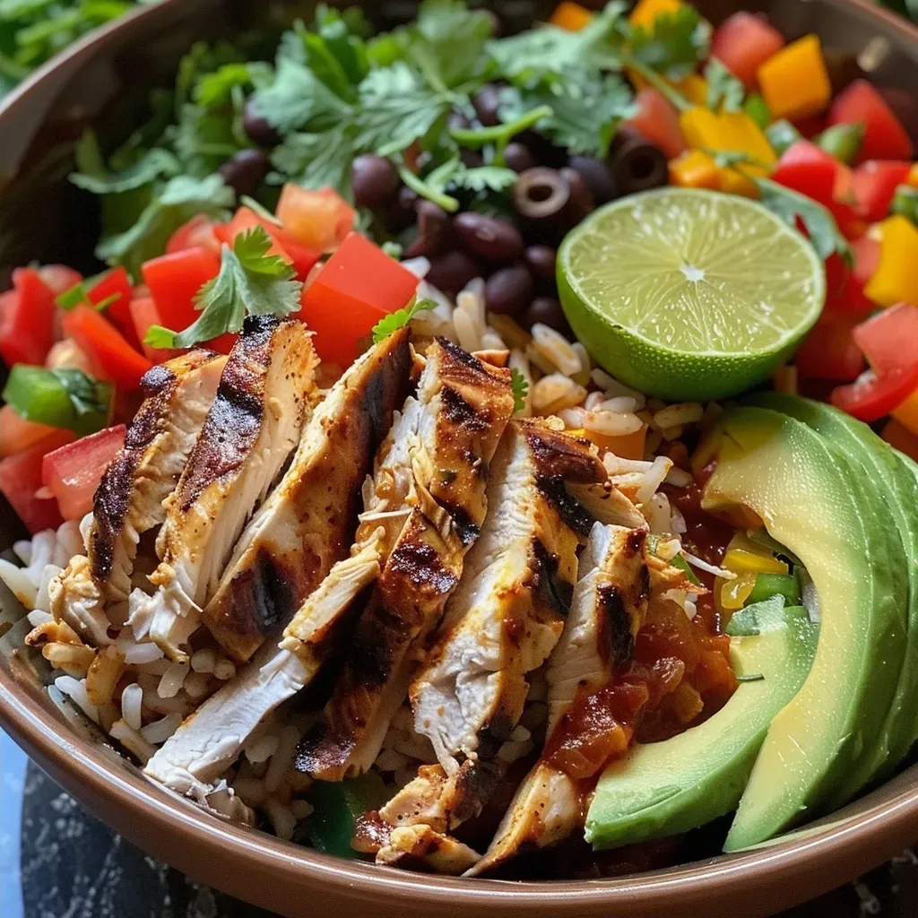 ['Close-up view of a grilled chicken burrito bowl with rice, beans, and fresh toppings.', 'Side view of a colorful burrito bowl featuring grilled chicken, avocado, and cheese.', 'Detailed shot of a grilled chicken burrito bowl showcasing layers of rice, beans, and vegetables.', 'Mouthwatering burrito bowl filled with grilled chicken, salsa, and diced bell peppers.']