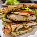 ['A close-up side view of a Grilled Chicken Pesto Sandwich with vibrant ingredients.', 'Juicy grilled chicken, fresh mozzarella, and pesto layered in a focaccia sandwich.', 'A delicious Grilled Chicken Pesto Sandwich showcasing grilled chicken, pesto, and vegetables.', 'A close view of a flavorful Grilled Chicken Pesto Sandwich with colorful toppings.']