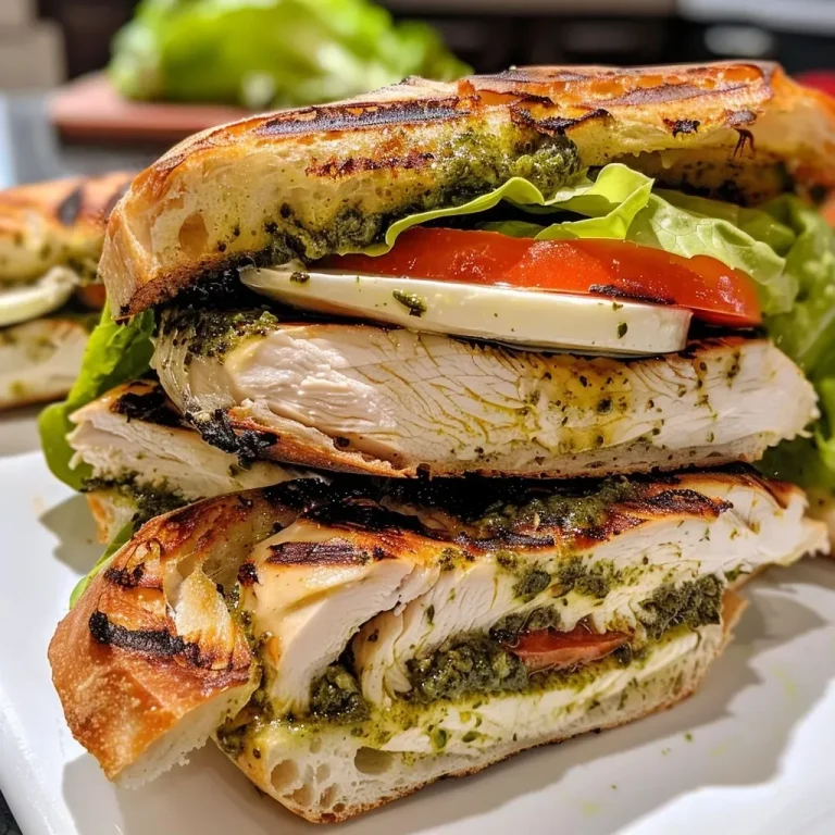 ['A close-up side view of a Grilled Chicken Pesto Sandwich with vibrant ingredients.', 'Juicy grilled chicken, fresh mozzarella, and pesto layered in a focaccia sandwich.', 'A delicious Grilled Chicken Pesto Sandwich showcasing grilled chicken, pesto, and vegetables.', 'A close view of a flavorful Grilled Chicken Pesto Sandwich with colorful toppings.']