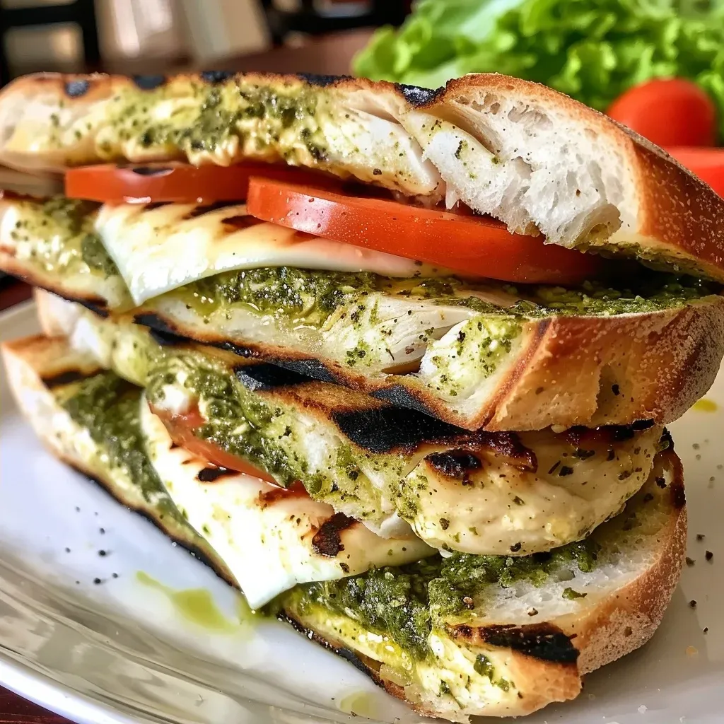 ['A close-up side view of a Grilled Chicken Pesto Sandwich with vibrant ingredients.', 'Juicy grilled chicken, fresh mozzarella, and pesto layered in a focaccia sandwich.', 'A delicious Grilled Chicken Pesto Sandwich showcasing grilled chicken, pesto, and vegetables.', 'A close view of a flavorful Grilled Chicken Pesto Sandwich with colorful toppings.']