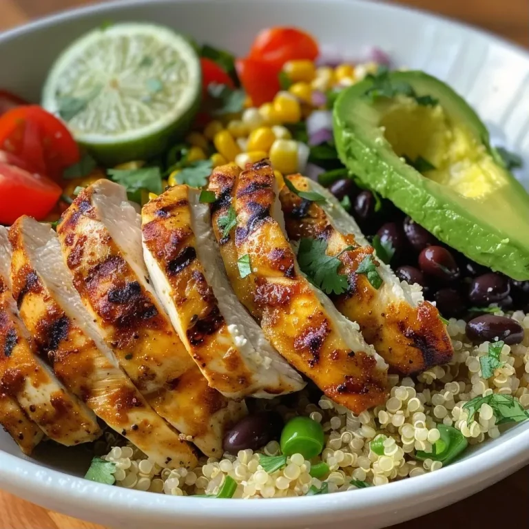 ['A close-up view of grilled chicken quinoa bowl topped with creamy avocado sauce and fresh ingredients.', 'A side view of a vibrant quinoa bowl featuring grilled chicken, avocado, and colorful vegetables.', 'Juicy grilled chicken slices served over quinoa, garnished with avocado sauce and cherry tomatoes.', 'A colorful array of ingredients in a quinoa bowl, including grilled chicken, avocado, and corn.']