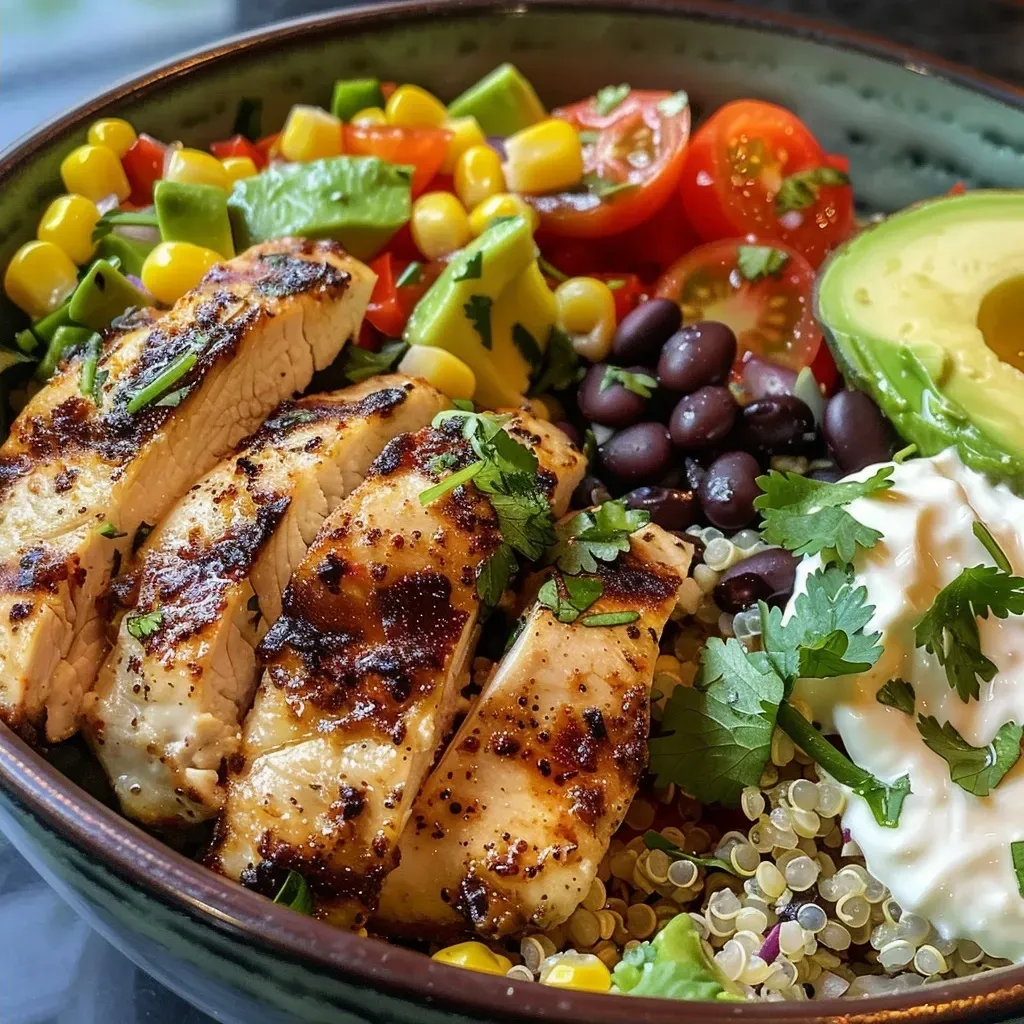 ['A close-up view of grilled chicken quinoa bowl topped with creamy avocado sauce and fresh ingredients.', 'A side view of a vibrant quinoa bowl featuring grilled chicken, avocado, and colorful vegetables.', 'Juicy grilled chicken slices served over quinoa, garnished with avocado sauce and cherry tomatoes.', 'A colorful array of ingredients in a quinoa bowl, including grilled chicken, avocado, and corn.']