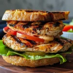 ['A close-up side view of a juicy grilled chicken sandwich, highlighting fresh lettuce and tomato.', 'A delicious grilled chicken sandwich with a toasted bun, filled with lettuce and tomato, captured from a side angle.', 'A side view of a succulent grilled chicken sandwich, showcasing mayo, lettuce, and tomato peeking out from a toasted bun.', 'A mouth-watering grilled chicken sandwich seen from the side, featuring crisp lettuce, juicy tomato, and creamy mayo.']