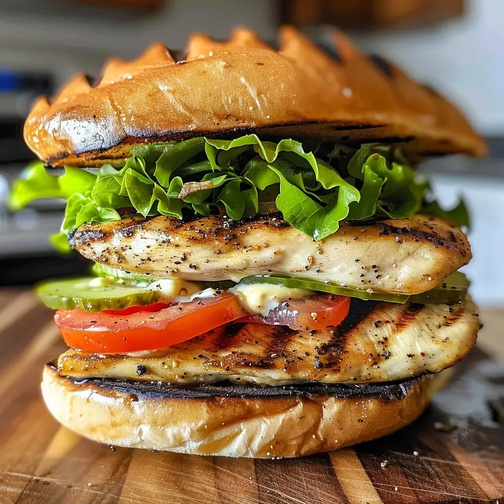 ['A close-up view of a grilled chicken sandwich with lettuce and tomato on a toasted bun.', 'Side view of a juicy grilled chicken sandwich layered with fresh veggies and mayo.', 'Detailed image of a grilled chicken sandwich showcasing its succulent chicken and toppings.', 'Close-up of a delicious grilled chicken sandwich featuring lettuce, tomato, and a toasted bun.']
