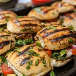 ['Close-up of juicy grilled chicken sliders with fresh toppings on slider buns.', 'Side view of grilled chicken sliders garnished with tomatoes and avocados.', 'Appetizing grilled chicken sliders on a plate, featuring cilantro and lime.', 'Delicious grilled chicken sliders showcasing colorful ingredients and sauces.']