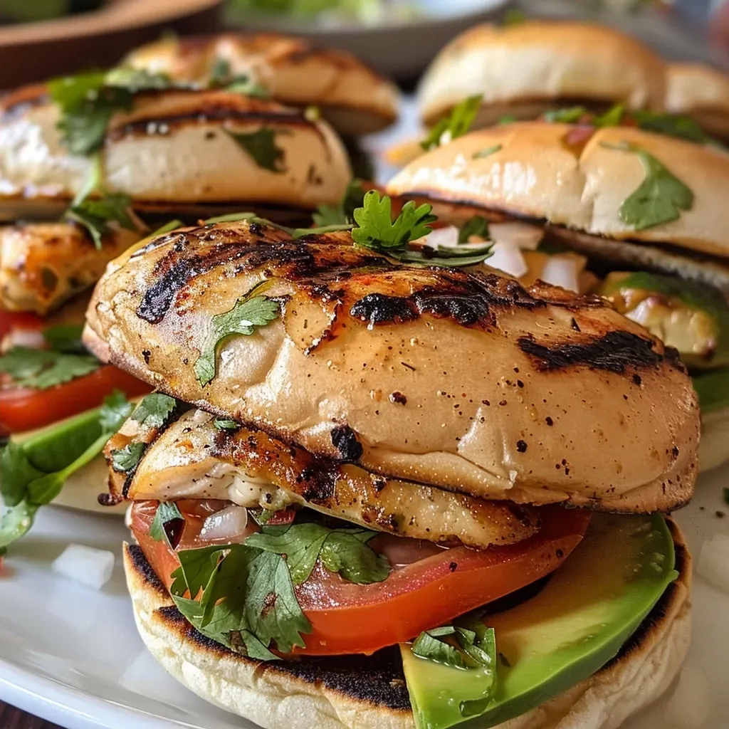 ['Close-up of juicy grilled chicken sliders with fresh toppings on slider buns.', 'Side view of grilled chicken sliders garnished with tomatoes and avocados.', 'Appetizing grilled chicken sliders on a plate, featuring cilantro and lime.', 'Delicious grilled chicken sliders showcasing colorful ingredients and sauces.']