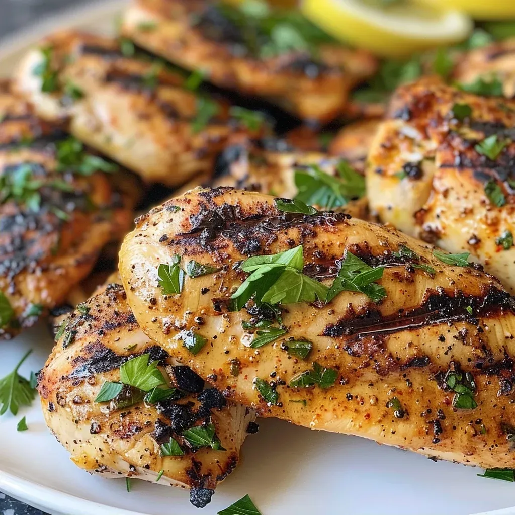 ['Juicy grilled chicken tenders arranged on a plate with fresh parsley.', 'Close-up of seasoned grilled chicken tenders glistening with olive oil.', 'Side view of tender grilled chicken garnished with lemon zest and herbs.', 'Deliciously grilled chicken tenders served with a lemon wedge and parsley.']