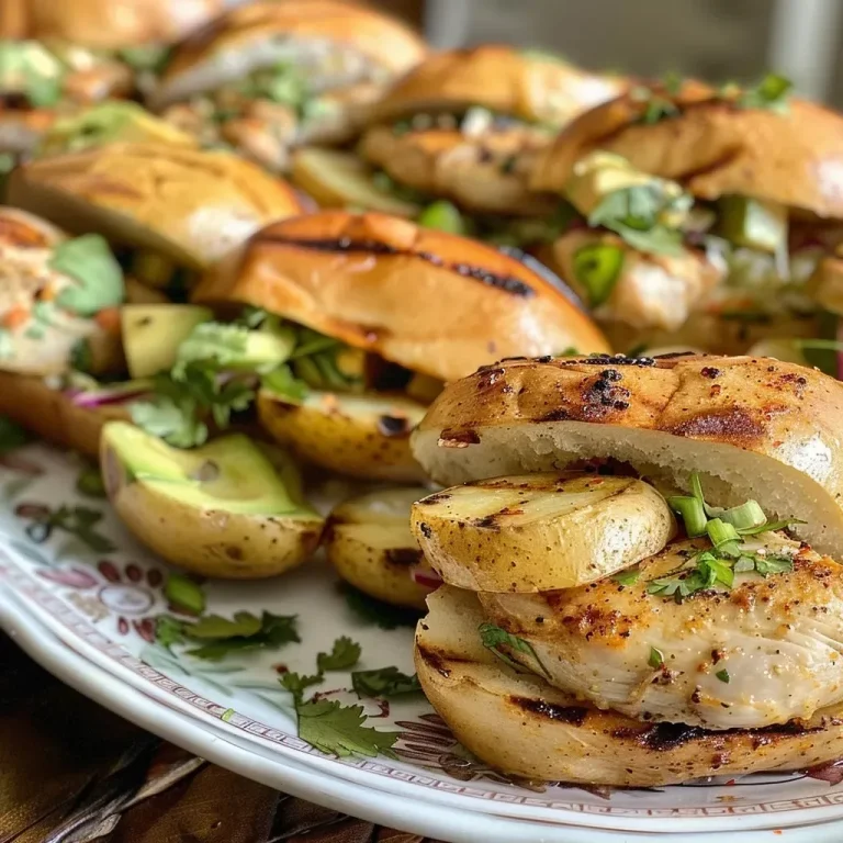 ['A close-up view of grilled chili-lime chicken sandwiches with potato wedges on the side.', 'Juicy grilled chicken sandwiches topped with coleslaw, avocado, and served with crispy potato wedges.', 'A side view of a delicious grilled chicken sandwich, garnished with lime and jalapeño, alongside potato wedges.', 'A vibrant presentation of chili-lime chicken sandwiches and golden potato wedges on a wooden platter.']