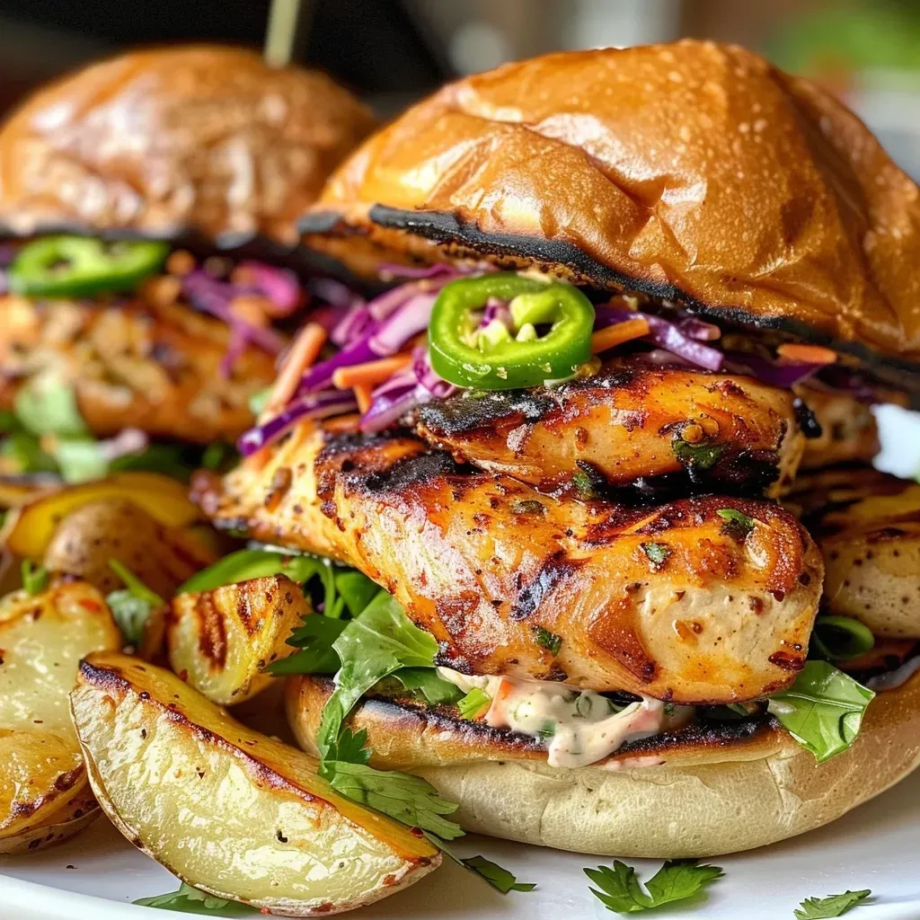 ['A close-up view of grilled chili-lime chicken sandwiches with potato wedges on the side.', 'Juicy grilled chicken sandwiches topped with coleslaw, avocado, and served with crispy potato wedges.', 'A side view of a delicious grilled chicken sandwich, garnished with lime and jalapeño, alongside potato wedges.', 'A vibrant presentation of chili-lime chicken sandwiches and golden potato wedges on a wooden platter.']