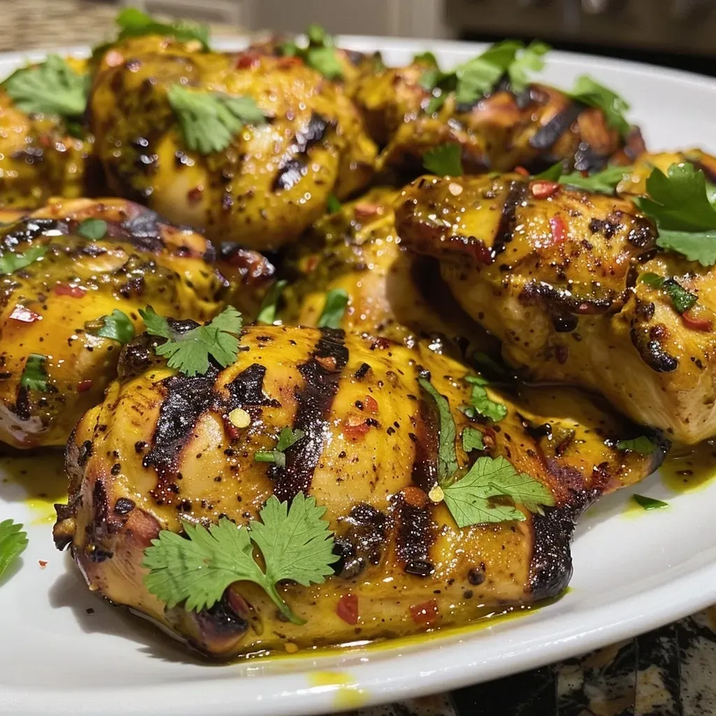['Juicy grilled curry chicken with a golden-brown crust, garnished with fresh cilantro.', 'Close-up of succulent grilled chicken pieces marinated in curry spices with a side view shot.', 'Flavorful grilled chicken breast coated in a rich curry glaze, captured from the side.', 'Tasty grilled curry chicken sitting on a plate, highlighting the marinated surface texture.']