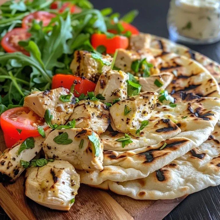 ['Juicy grilled lemon chicken wrapped in flatbread with arugula and tomato.', 'Close-up of a grilled lemon chicken flatbread wrap with fresh veggies and sauce.', 'Side view of a delicious grilled lemon chicken wrap filled with greens and tomatoes.', 'A flavorful grilled lemon chicken flatbread showing vibrant ingredients and soft bread.']