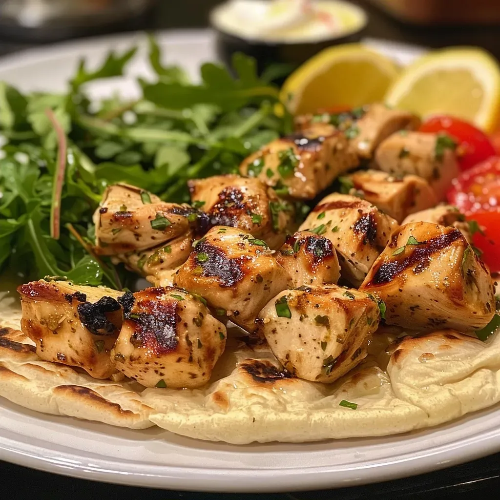 ['Juicy grilled lemon chicken wrapped in flatbread with arugula and tomato.', 'Close-up of a grilled lemon chicken flatbread wrap with fresh veggies and sauce.', 'Side view of a delicious grilled lemon chicken wrap filled with greens and tomatoes.', 'A flavorful grilled lemon chicken flatbread showing vibrant ingredients and soft bread.']