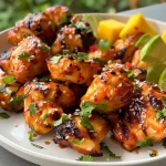 ['A colorful bowl filled with grilled chicken bites, coconut rice, and mango avocado salsa.', 'Juicy grilled chicken pieces with a side of coconut rice and fresh salsa in a vibrant bowl.', 'Close-up of a bowl featuring maple sriracha chicken, fluffy coconut rice, and diced mango and avocado.', 'An appetizing arrangement of chicken bites and tropical salsa over coconut rice in a bowl.']