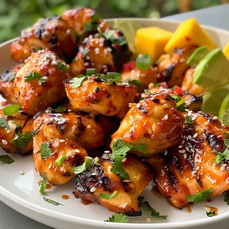 ['A colorful bowl filled with grilled chicken bites, coconut rice, and mango avocado salsa.', 'Juicy grilled chicken pieces with a side of coconut rice and fresh salsa in a vibrant bowl.', 'Close-up of a bowl featuring maple sriracha chicken, fluffy coconut rice, and diced mango and avocado.', 'An appetizing arrangement of chicken bites and tropical salsa over coconut rice in a bowl.']