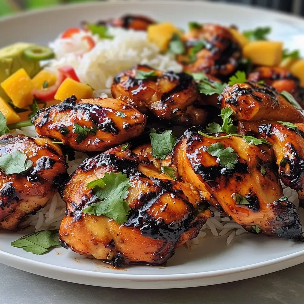 ['A colorful bowl filled with grilled chicken bites, coconut rice, and mango avocado salsa.', 'Juicy grilled chicken pieces with a side of coconut rice and fresh salsa in a vibrant bowl.', 'Close-up of a bowl featuring maple sriracha chicken, fluffy coconut rice, and diced mango and avocado.', 'An appetizing arrangement of chicken bites and tropical salsa over coconut rice in a bowl.']