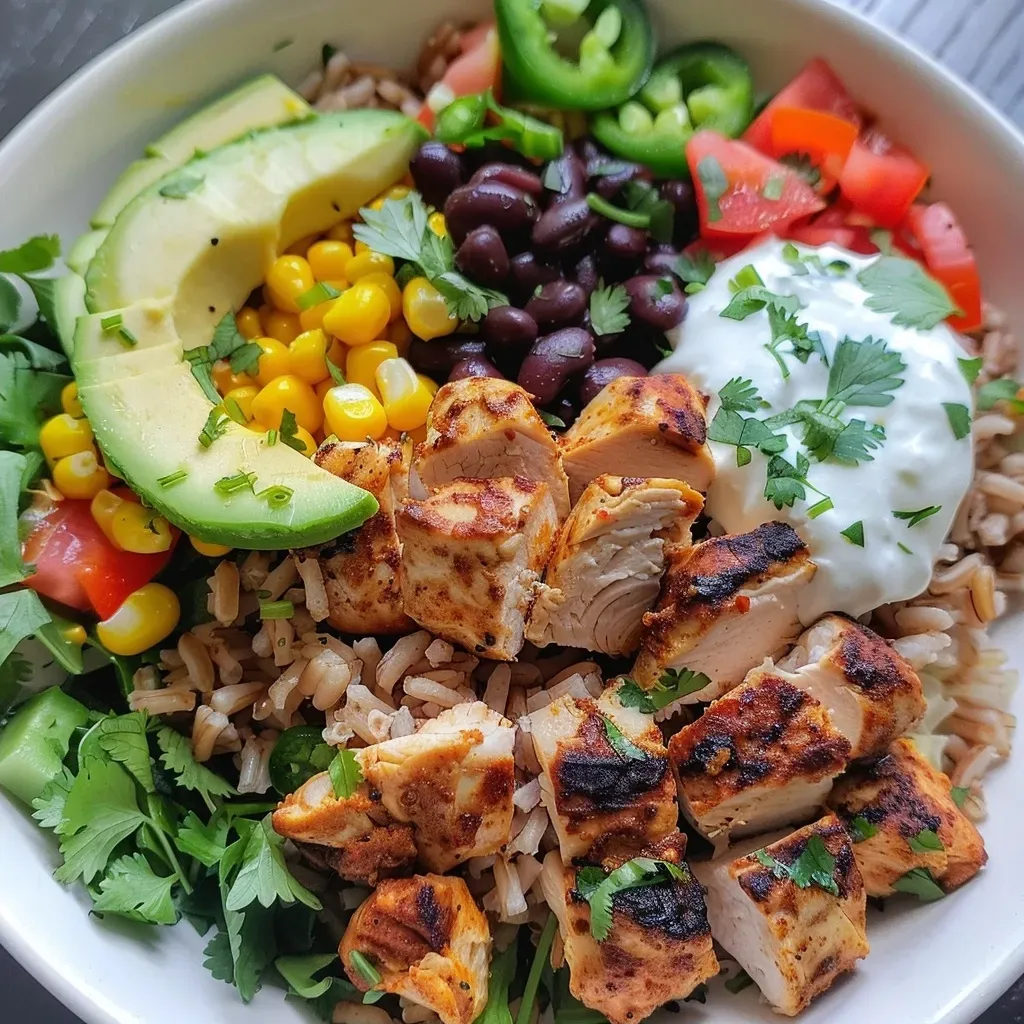 ['Close-up view of a vibrant chicken burrito bowl featuring avocado and cherry tomatoes.', 'Side shot of a healthy burrito bowl with chicken, black beans, and mixed greens.', 'Juicy chicken burrito bowl arrangement with cilantro, lime, and colorful vegetables.', 'Detailed presentation of a burrito bowl filled with chicken, corn, and fresh ingredients.']
