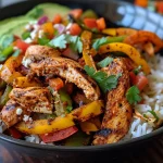 ['A close-up view of a colorful healthy chicken fajita bowl with grilled chicken, bell peppers, and avocado.', 'A vibrant chicken fajita bowl featuring sliced chicken, mixed vegetables, and fresh toppings, presented in a bowl.', 'A hearty chicken fajita bowl garnished with juicy chicken strips, sautéed peppers, and a sprinkle of cilantro.', 'An appetizing chicken fajita bowl filled with grilled chicken, rice, and fresh vegetables, showcasing a fresh and healthy meal.']