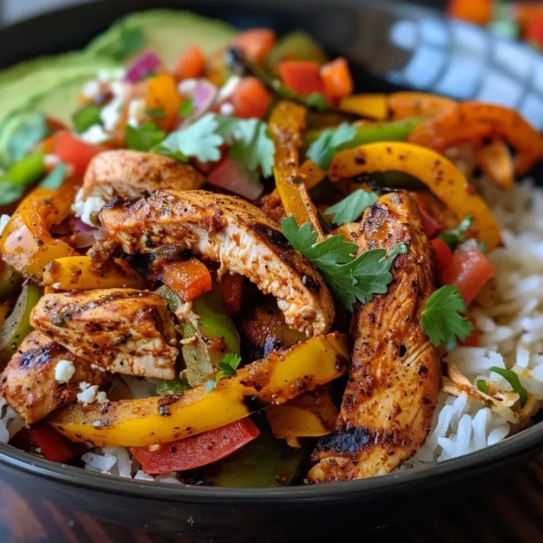 ['A close-up view of a colorful healthy chicken fajita bowl with grilled chicken, bell peppers, and avocado.', 'A vibrant chicken fajita bowl featuring sliced chicken, mixed vegetables, and fresh toppings, presented in a bowl.', 'A hearty chicken fajita bowl garnished with juicy chicken strips, sautéed peppers, and a sprinkle of cilantro.', 'An appetizing chicken fajita bowl filled with grilled chicken, rice, and fresh vegetables, showcasing a fresh and healthy meal.']