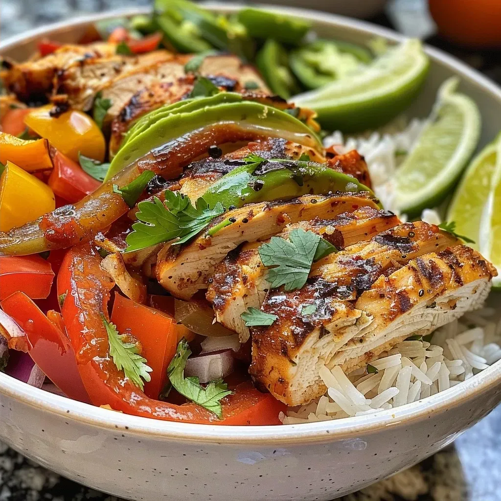 ['A close-up view of a colorful healthy chicken fajita bowl with grilled chicken, bell peppers, and avocado.', 'A vibrant chicken fajita bowl featuring sliced chicken, mixed vegetables, and fresh toppings, presented in a bowl.', 'A hearty chicken fajita bowl garnished with juicy chicken strips, sautéed peppers, and a sprinkle of cilantro.', 'An appetizing chicken fajita bowl filled with grilled chicken, rice, and fresh vegetables, showcasing a fresh and healthy meal.']