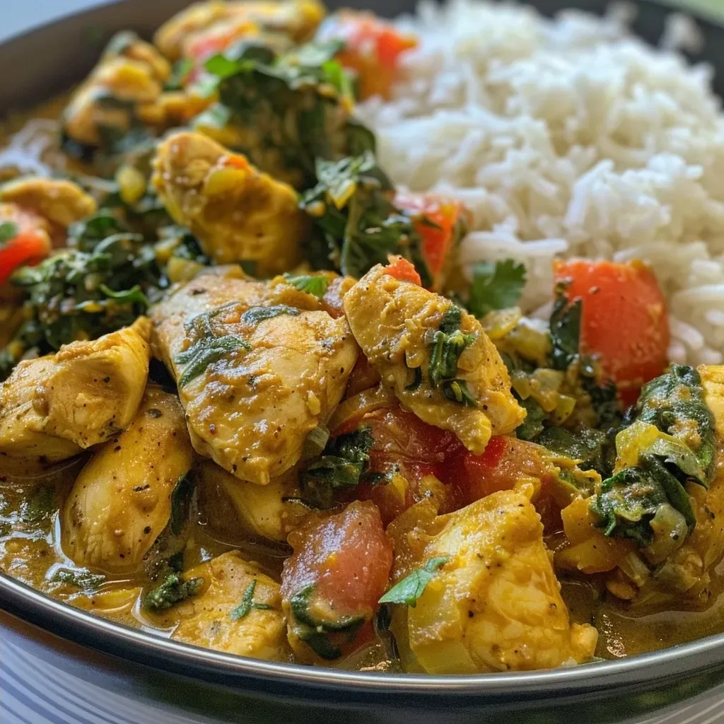 ['Close-up view of a bowl of healthy chicken curry with vibrant spinach.', 'Juicy chicken curry served with rice in a stylish bowl.', 'Delicious chicken curry with colorful ingredients and creamy texture.', 'Fresh chicken curry featuring diced tomatoes and herbs in a bowl.']