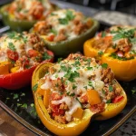 ['Colorful bell peppers stuffed with ground chicken and topped with cheese.', 'Juicy chicken-stuffed peppers with a golden cheese crust on a white plate.', 'Close-up of baked bell peppers filled with a hearty chicken mixture.', 'A vibrant display of low-carb stuffed peppers with healthy ingredients.']