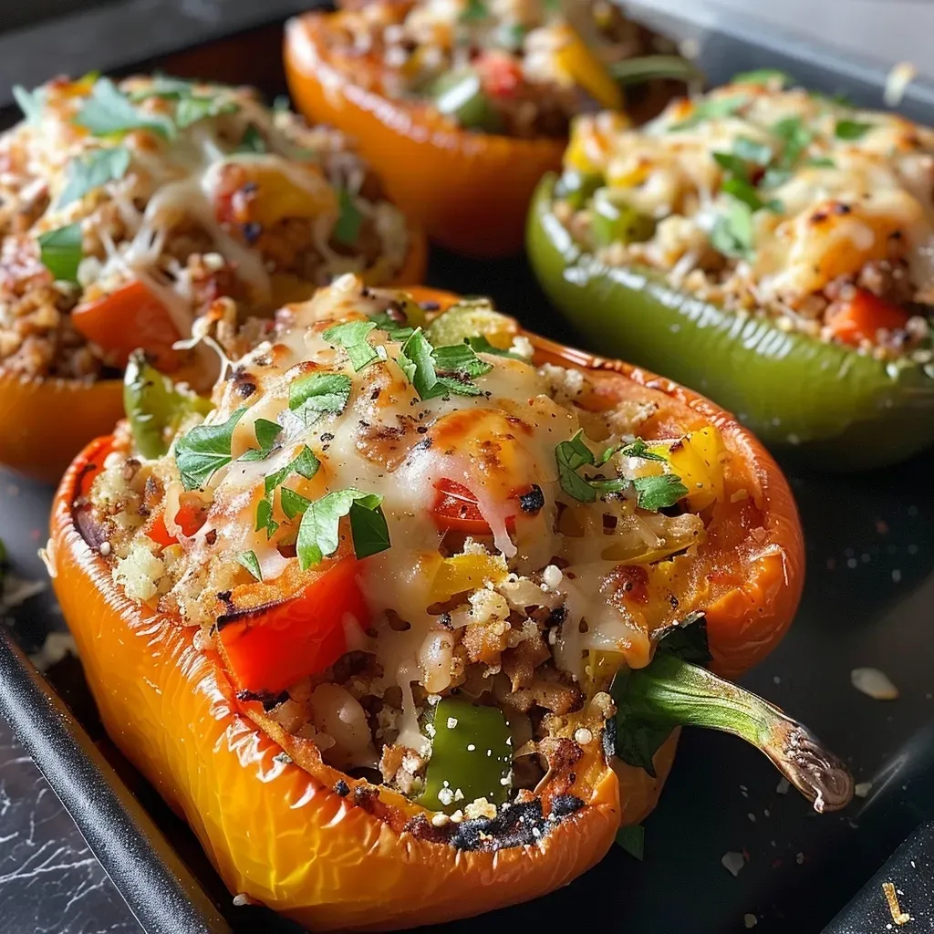 ['Colorful bell peppers stuffed with ground chicken and topped with cheese.', 'Juicy chicken-stuffed peppers with a golden cheese crust on a white plate.', 'Close-up of baked bell peppers filled with a hearty chicken mixture.', 'A vibrant display of low-carb stuffed peppers with healthy ingredients.']
