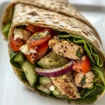 ['A close-up side view of a Healthy Mediterranean Chicken Wrap filled with fresh vegetables and chicken.', 'A vibrant Mediterranean Chicken Wrap showcasing colorful ingredients like tomatoes, cucumbers, and spinach.', 'Juicy Mediterranean Chicken Wrap with grilled chicken and fresh veggies held together in a whole grain wrap.', 'A healthy wrap filled with chicken, lettuce, and bell peppers, highlighting its Mediterranean flavors.']
