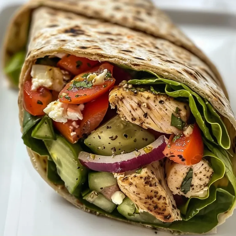 ['A close-up side view of a Healthy Mediterranean Chicken Wrap filled with fresh vegetables and chicken.', 'A vibrant Mediterranean Chicken Wrap showcasing colorful ingredients like tomatoes, cucumbers, and spinach.', 'Juicy Mediterranean Chicken Wrap with grilled chicken and fresh veggies held together in a whole grain wrap.', 'A healthy wrap filled with chicken, lettuce, and bell peppers, highlighting its Mediterranean flavors.']
