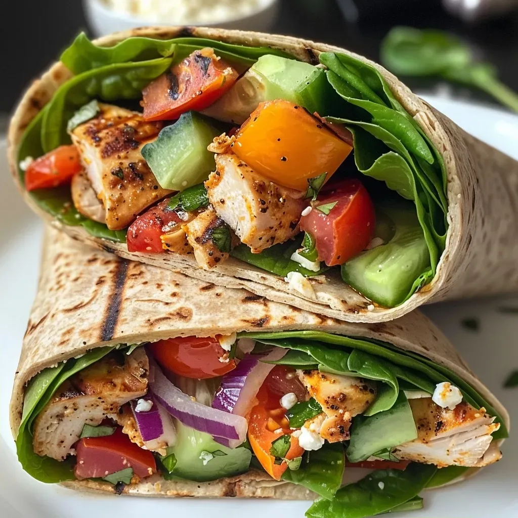 ['A close-up side view of a Healthy Mediterranean Chicken Wrap filled with fresh vegetables and chicken.', 'A vibrant Mediterranean Chicken Wrap showcasing colorful ingredients like tomatoes, cucumbers, and spinach.', 'Juicy Mediterranean Chicken Wrap with grilled chicken and fresh veggies held together in a whole grain wrap.', 'A healthy wrap filled with chicken, lettuce, and bell peppers, highlighting its Mediterranean flavors.']