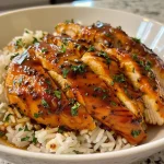 ['Juicy honey BBQ chicken served over fluffy rice with vibrant vegetables.', 'Close-up view of a one-pan meal featuring chicken, rice, and colorful peppers.', 'A delicious dish of honey BBQ chicken and rice garnished with fresh parsley.', 'Appetizing one-pan honey BBQ chicken with rice, onions, and bell peppers.']