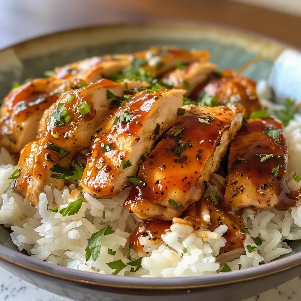 ['Juicy honey BBQ chicken served over fluffy rice with vibrant vegetables.', 'Close-up view of a one-pan meal featuring chicken, rice, and colorful peppers.', 'A delicious dish of honey BBQ chicken and rice garnished with fresh parsley.', 'Appetizing one-pan honey BBQ chicken with rice, onions, and bell peppers.']