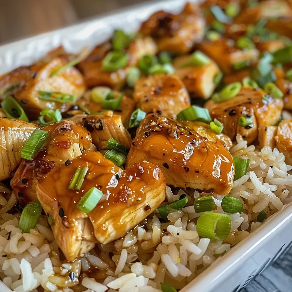 ['Close-up of a honey garlic chicken rice casserole with golden sauce and diced chicken pieces.', 'Side view of a hearty honey garlic chicken rice casserole garnished with chopped green onions.', 'Juicy chicken and rice casserole topped with a glossy honey garlic glaze in a baking dish.', 'A mouthwatering honey garlic chicken rice casserole showcasing tender chicken and rice.']