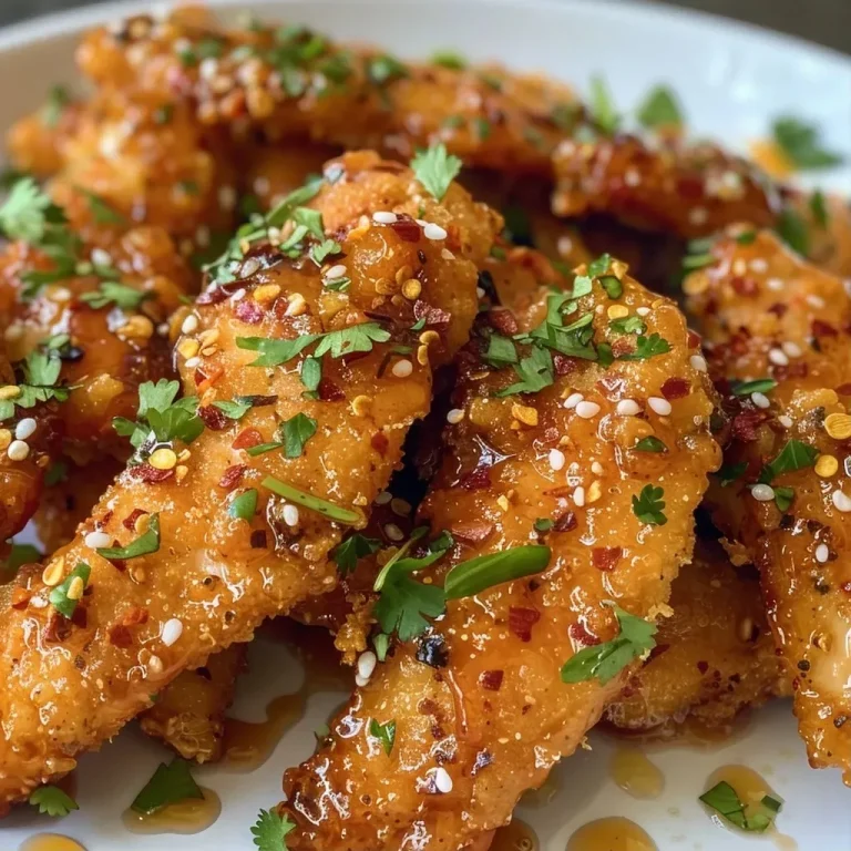 ['Close-up view of juicy Honey Garlic Chicken Tenders, golden brown and crispy.', 'Side view of plated Honey Garlic Chicken Tenders, glistening with honey glaze.', 'Crispy chicken tenders coated in honey garlic sauce, garnished and ready to eat.', 'Delicious looking Honey Garlic Chicken Tenders arranged on a white plate, showcasing their texture.']