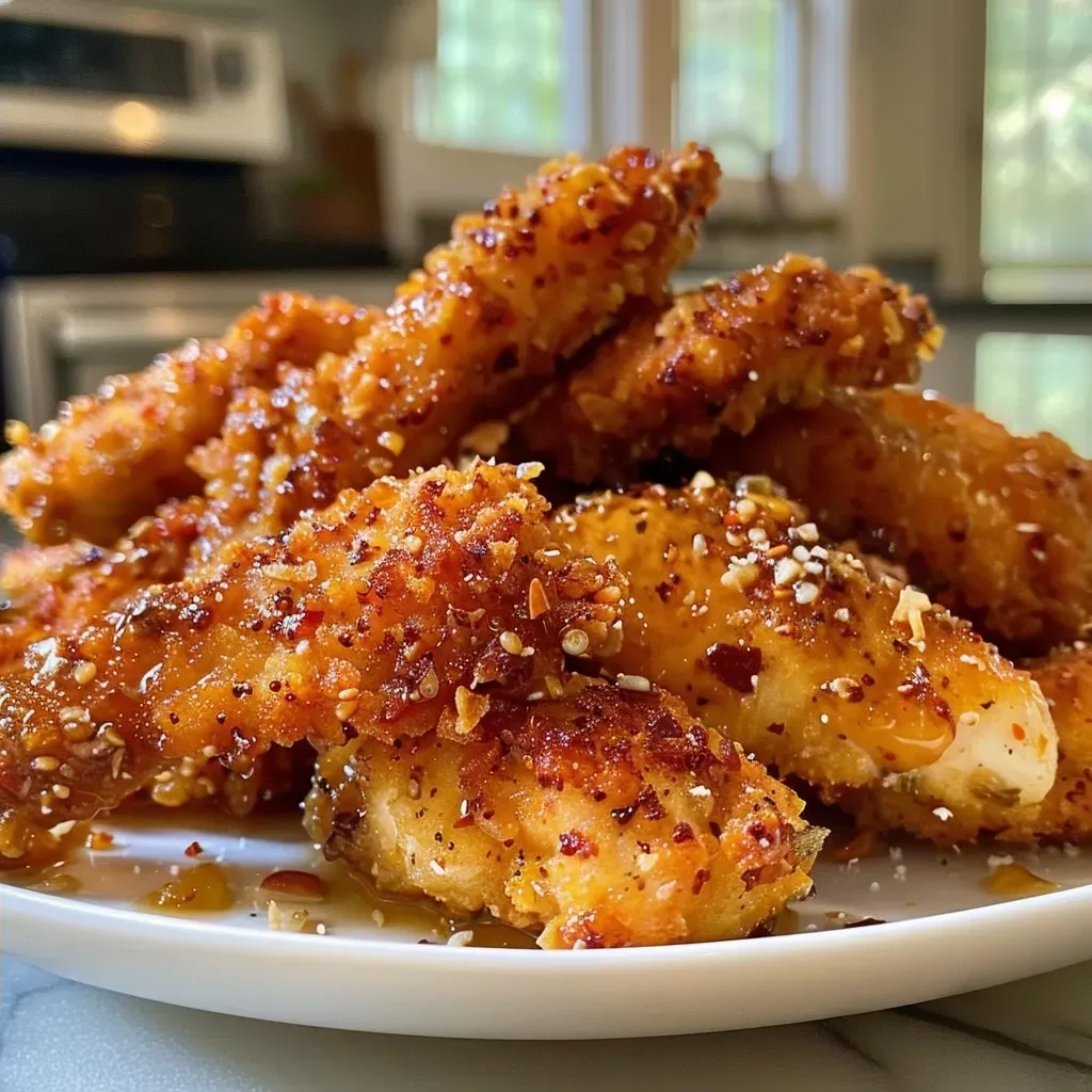 ['Close-up view of juicy Honey Garlic Chicken Tenders, golden brown and crispy.', 'Side view of plated Honey Garlic Chicken Tenders, glistening with honey glaze.', 'Crispy chicken tenders coated in honey garlic sauce, garnished and ready to eat.', 'Delicious looking Honey Garlic Chicken Tenders arranged on a white plate, showcasing their texture.']