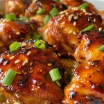 ['Close-up of juicy baked chicken breasts drizzled with honey sriracha sauce.', 'Side view of honey sriracha chicken with sesame seeds and green onions on top.', 'Glazed chicken breasts with a spicy honey sauce and garnishes.', 'Delicious baked chicken in a honey sriracha glaze, featuring vibrant toppings.']