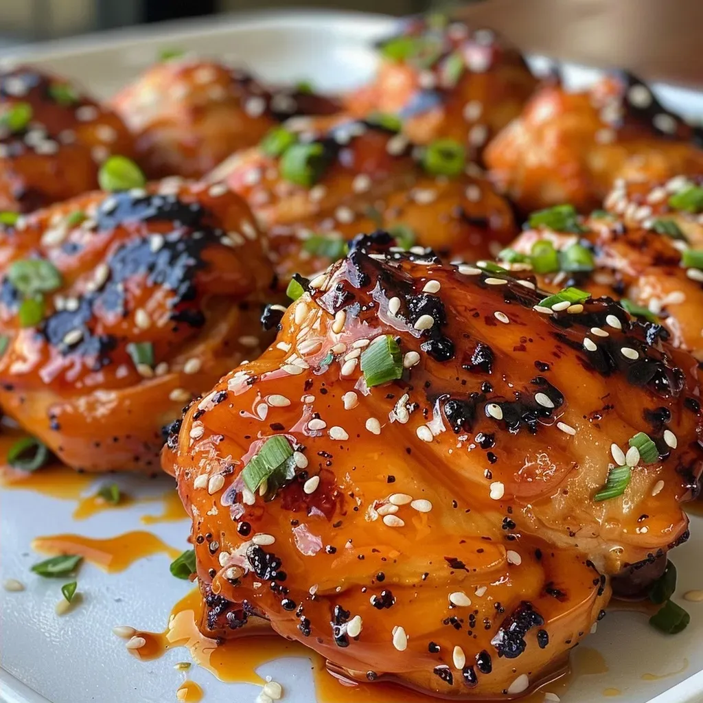 ['Close-up of juicy baked chicken breasts drizzled with honey sriracha sauce.', 'Side view of honey sriracha chicken with sesame seeds and green onions on top.', 'Glazed chicken breasts with a spicy honey sauce and garnishes.', 'Delicious baked chicken in a honey sriracha glaze, featuring vibrant toppings.']