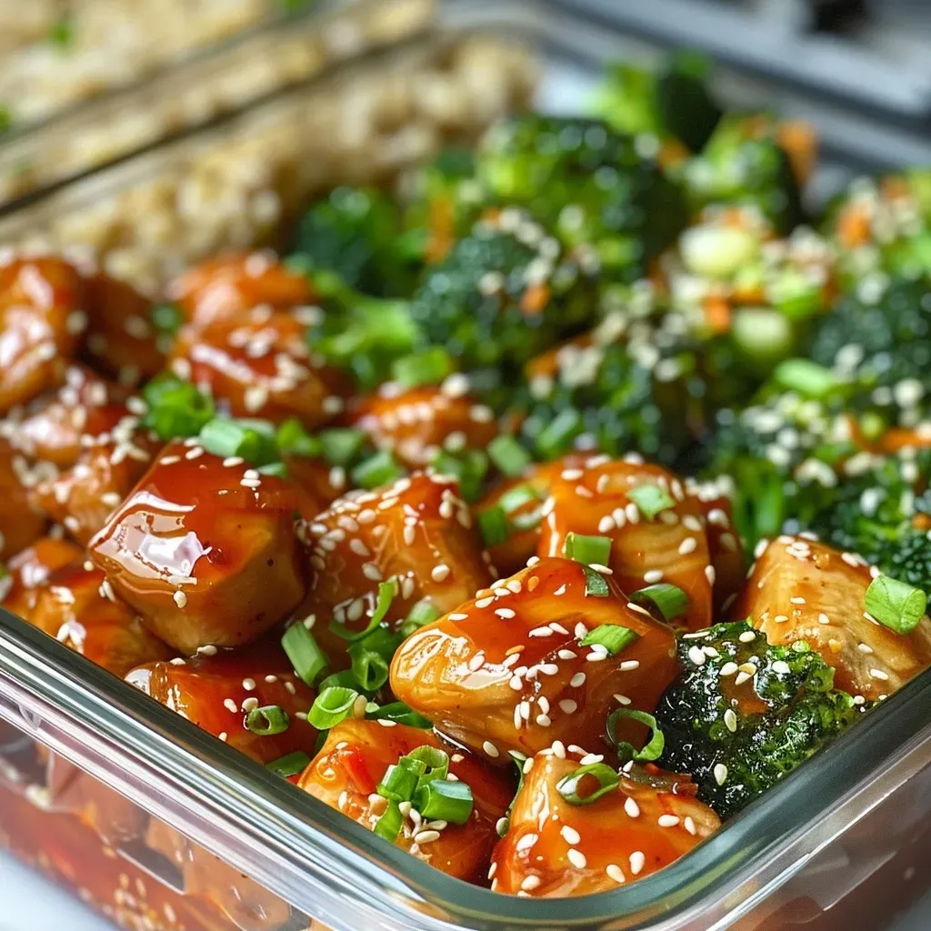 ['Close-up view of Honey Sriracha Chicken and Broccoli Meal Prep Bowl, featuring vibrant green broccoli and golden-brown chicken pieces.', 'Side view of a meal prep bowl filled with Honey Sriracha Chicken, broccoli florets, and cooked brown rice, garnished with scallions and sesame seeds.', 'Detailed image of a Honey Sriracha Chicken and Broccoli bowl, showcasing juicy chicken, fresh broccoli, and a drizzle of sriracha sauce.', 'Colorful meal prep bowl highlighting diced chicken, broccoli, and brown rice, topped with green onions and sesame seeds.']