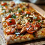 ['Close-up of a Honey Sriracha Chicken Flatbread topped with cherry tomatoes and cilantro.', 'A side view of Honey Sriracha Chicken Flatbread showcasing juicy chicken pieces and melted cheese.', 'Detailed image of a Honey Sriracha Chicken Flatbread, highlighting fresh ingredients and toppings.', 'A vibrant Honey Sriracha Chicken Flatbread garnished with peanuts and herbs on a plate.']