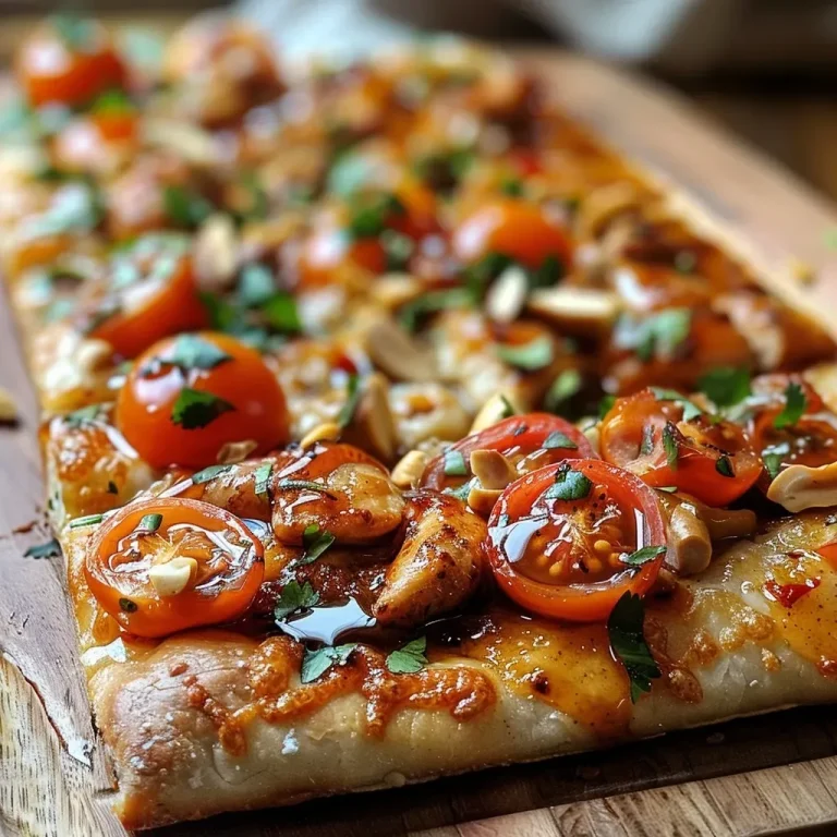 ['Close-up of a Honey Sriracha Chicken Flatbread topped with cherry tomatoes and cilantro.', 'A side view of Honey Sriracha Chicken Flatbread showcasing juicy chicken pieces and melted cheese.', 'Detailed image of a Honey Sriracha Chicken Flatbread, highlighting fresh ingredients and toppings.', 'A vibrant Honey Sriracha Chicken Flatbread garnished with peanuts and herbs on a plate.']