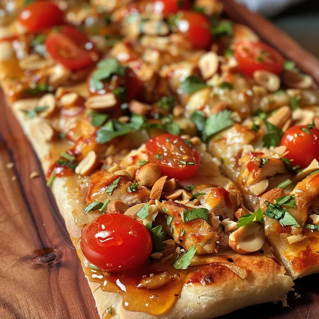 ['Close-up of a Honey Sriracha Chicken Flatbread topped with cherry tomatoes and cilantro.', 'A side view of Honey Sriracha Chicken Flatbread showcasing juicy chicken pieces and melted cheese.', 'Detailed image of a Honey Sriracha Chicken Flatbread, highlighting fresh ingredients and toppings.', 'A vibrant Honey Sriracha Chicken Flatbread garnished with peanuts and herbs on a plate.']
