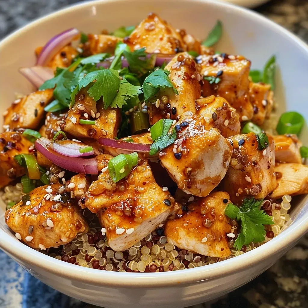 ['Juicy Honey Sriracha chicken served over quinoa, garnished with scallions and cilantro.', 'A vibrant bowl of Honey Sriracha Chicken Quinoa with colorful toppings.', 'Close-up of a quinoa bowl featuring chicken, honey sriracha sauce, and fresh garnishes.', 'A delicious Honey Sriracha Chicken Quinoa Bowl with a side view showcasing its ingredients.']
