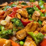 ['Close-up view of Honey Sriracha Chicken Stir Fry featuring vibrant vegetables and tender chicken pieces.', 'Side view of a colorful Honey Sriracha Chicken Stir Fry with glistening sauce and fresh ingredients.', 'Juicy pieces of chicken mixed with bright bell pepper and broccoli in a dish of Honey Sriracha Stir Fry.', 'A mouth-watering display of Honey Sriracha Chicken Stir Fry showcasing chicken, snap peas, and rich sauce.']