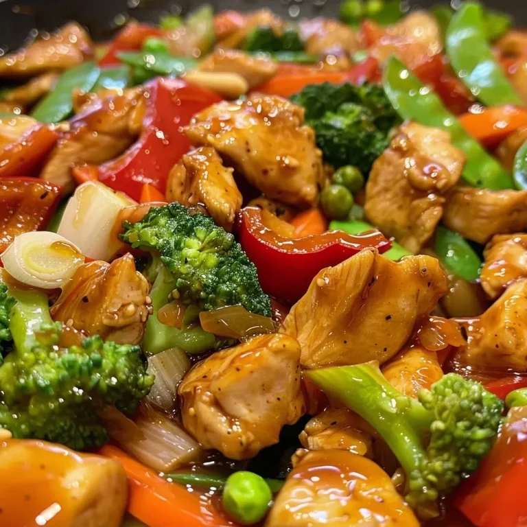 ['Close-up view of Honey Sriracha Chicken Stir Fry featuring vibrant vegetables and tender chicken pieces.', 'Side view of a colorful Honey Sriracha Chicken Stir Fry with glistening sauce and fresh ingredients.', 'Juicy pieces of chicken mixed with bright bell pepper and broccoli in a dish of Honey Sriracha Stir Fry.', 'A mouth-watering display of Honey Sriracha Chicken Stir Fry showcasing chicken, snap peas, and rich sauce.']