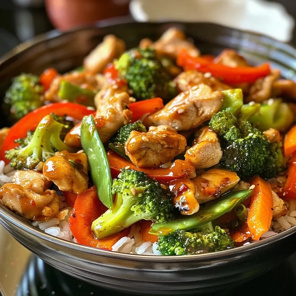 ['Close-up view of Honey Sriracha Chicken Stir Fry featuring vibrant vegetables and tender chicken pieces.', 'Side view of a colorful Honey Sriracha Chicken Stir Fry with glistening sauce and fresh ingredients.', 'Juicy pieces of chicken mixed with bright bell pepper and broccoli in a dish of Honey Sriracha Stir Fry.', 'A mouth-watering display of Honey Sriracha Chicken Stir Fry showcasing chicken, snap peas, and rich sauce.']