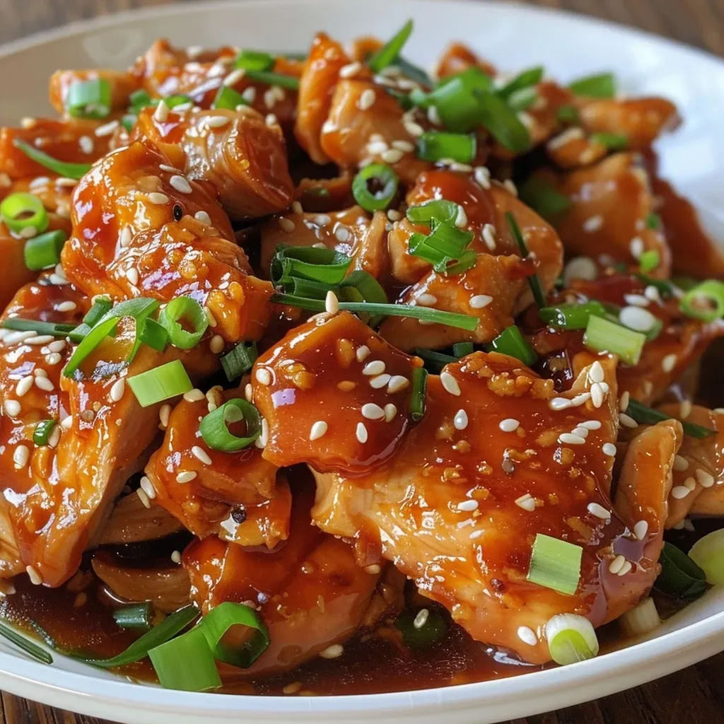 ['Close-up side view of a plate featuring Honey Sriracha Chicken garnished with green onions and sesame seeds.', 'Juicy Honey Sriracha Chicken glistening with sauce, viewed from the side with vibrant garnishes.', 'Detailed shot of Honey Sriracha Chicken on a white plate, showcasing the sauce and chopped green onions.', 'Side view of succulent Honey Sriracha Chicken, emphasizing the texture of the crispy coating and sauce.']