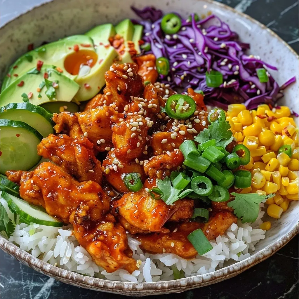 ['Close-up view of Hot Honey Chicken served on quinoa with fresh vegetables.', 'Juicy chicken thighs drizzled with hot honey atop a bed of quinoa and garnished with greens.', 'Vibrant quinoa bowl featuring hot honey chicken, sliced peaches, and avocado slices.', 'Horizontal image showcasing hot honey chicken alongside colorful quinoa and fresh ingredients.']