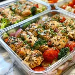 ['Close-up of vibrant Italian Chicken Meal Prep Bowls featuring chicken, broccoli, and colorful vegetables.', 'Side view of delicious Italian Chicken Meal Prep Bowls with chopped chicken, zucchini, and red onion.', 'Juicy Italian Chicken Meal Prep Bowls filled with chicken, tomatoes, and herbs, arranged in meal prep containers.', 'A detail-rich shot of Italian Chicken Meal Prep Bowls showcasing seasoned chicken and fresh veggies.']