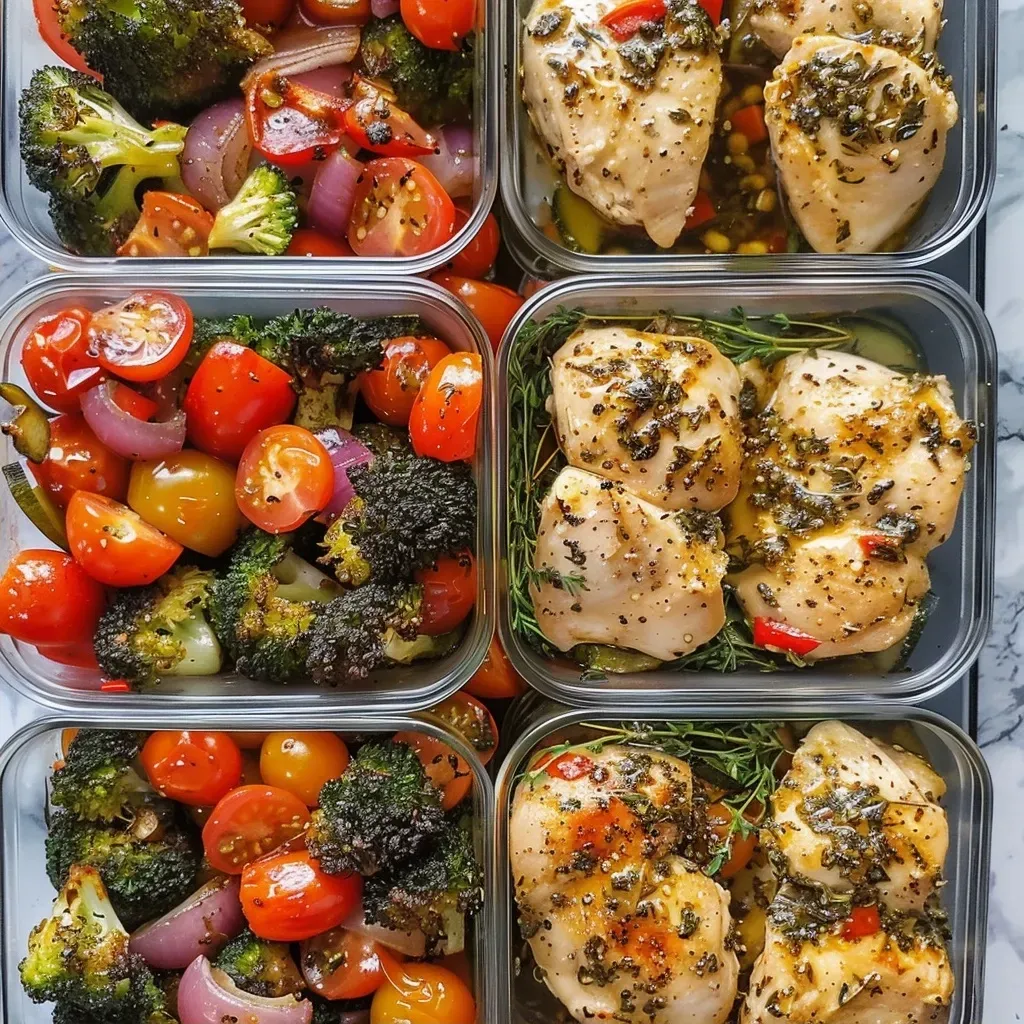 ['Close-up of vibrant Italian Chicken Meal Prep Bowls featuring chicken, broccoli, and colorful vegetables.', 'Side view of delicious Italian Chicken Meal Prep Bowls with chopped chicken, zucchini, and red onion.', 'Juicy Italian Chicken Meal Prep Bowls filled with chicken, tomatoes, and herbs, arranged in meal prep containers.', 'A detail-rich shot of Italian Chicken Meal Prep Bowls showcasing seasoned chicken and fresh veggies.']