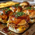 ['Close-up of juicy BBQ chicken sliders with garlic-herb butter on toasted buns.', 'Side view of succulent BBQ chicken sliders topped with melted cheese and herbs.', 'Delicious BBQ chicken sliders arranged on a wooden platter, garnished with parsley.', 'Juicy chicken sliders featuring golden brown buns and vibrant garlic-herb butter.']