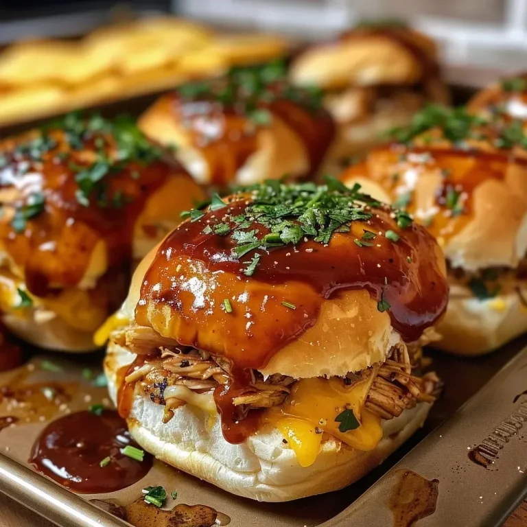 ['Close-up of juicy BBQ chicken sliders with garlic-herb butter on toasted buns.', 'Side view of succulent BBQ chicken sliders topped with melted cheese and herbs.', 'Delicious BBQ chicken sliders arranged on a wooden platter, garnished with parsley.', 'Juicy chicken sliders featuring golden brown buns and vibrant garlic-herb butter.']